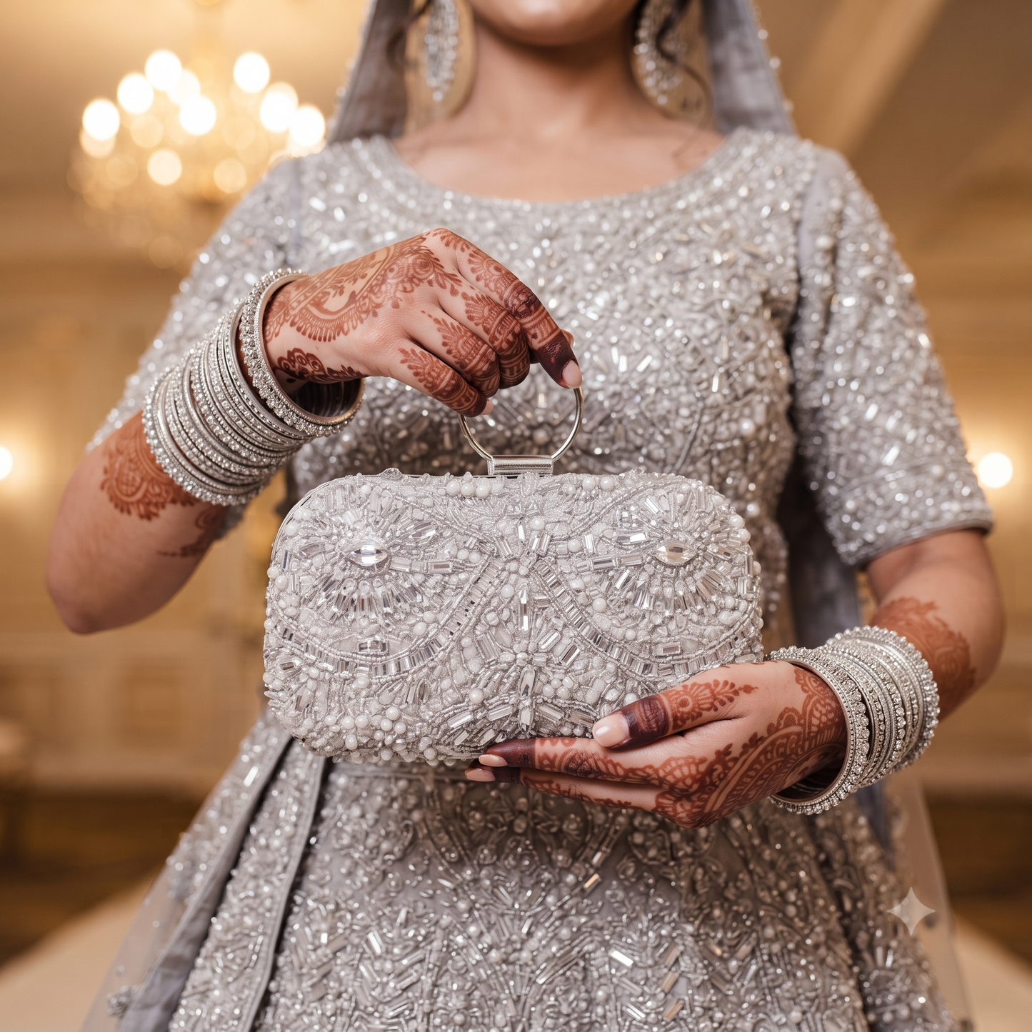 Bride in grey holding Diamond Silver Crystal Bridal Clutch