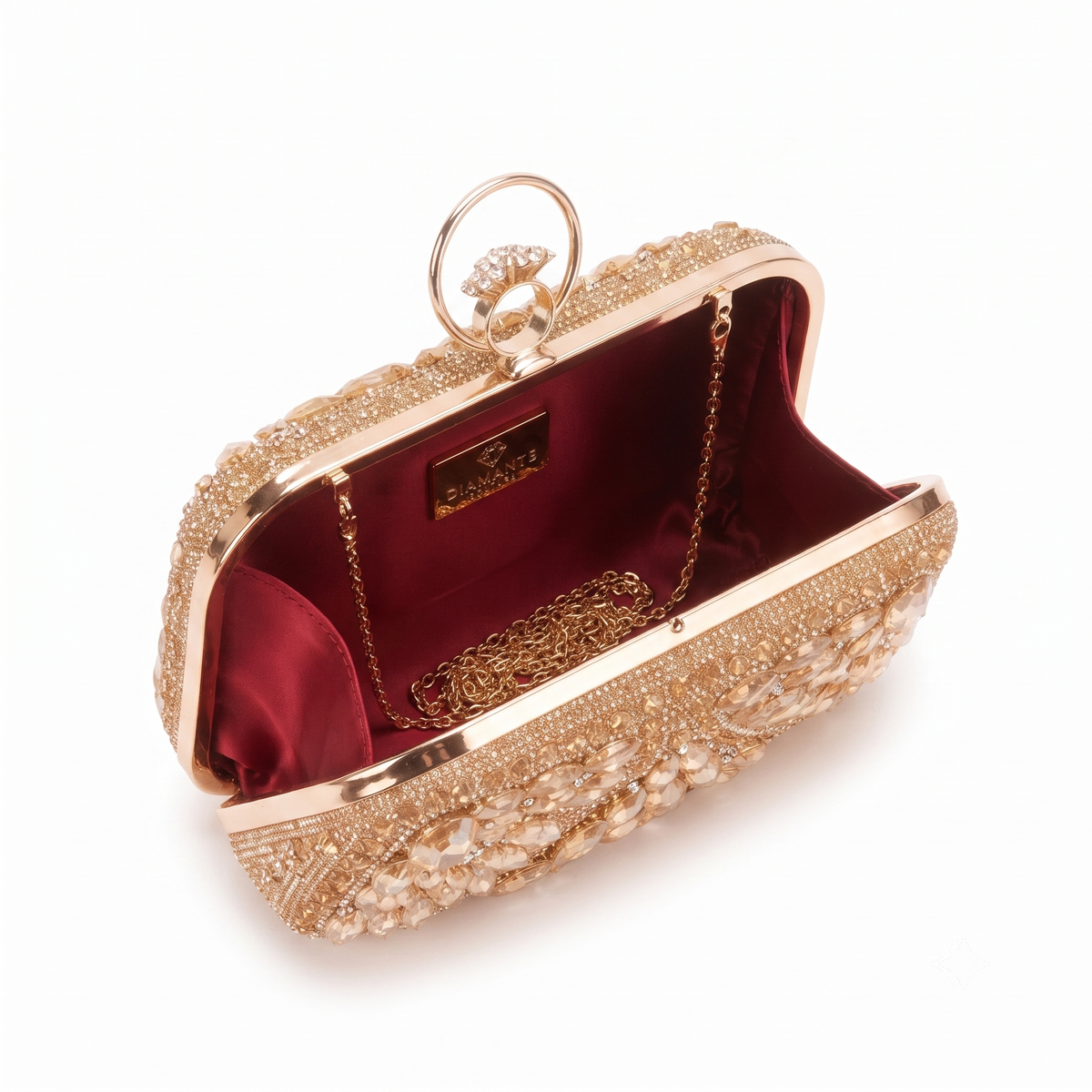 Golden Amber Clutch - interior showing crimson red satin lining and gold chain