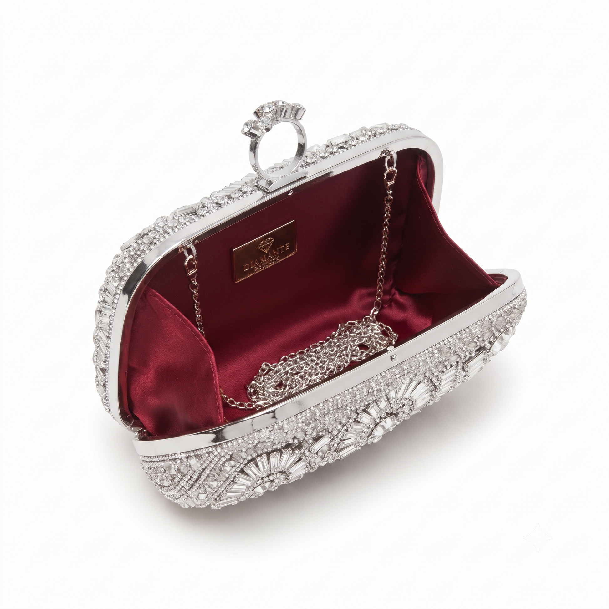 Diamond Silver Crystal Bridal Clutch - interior showing crimson red satin lining