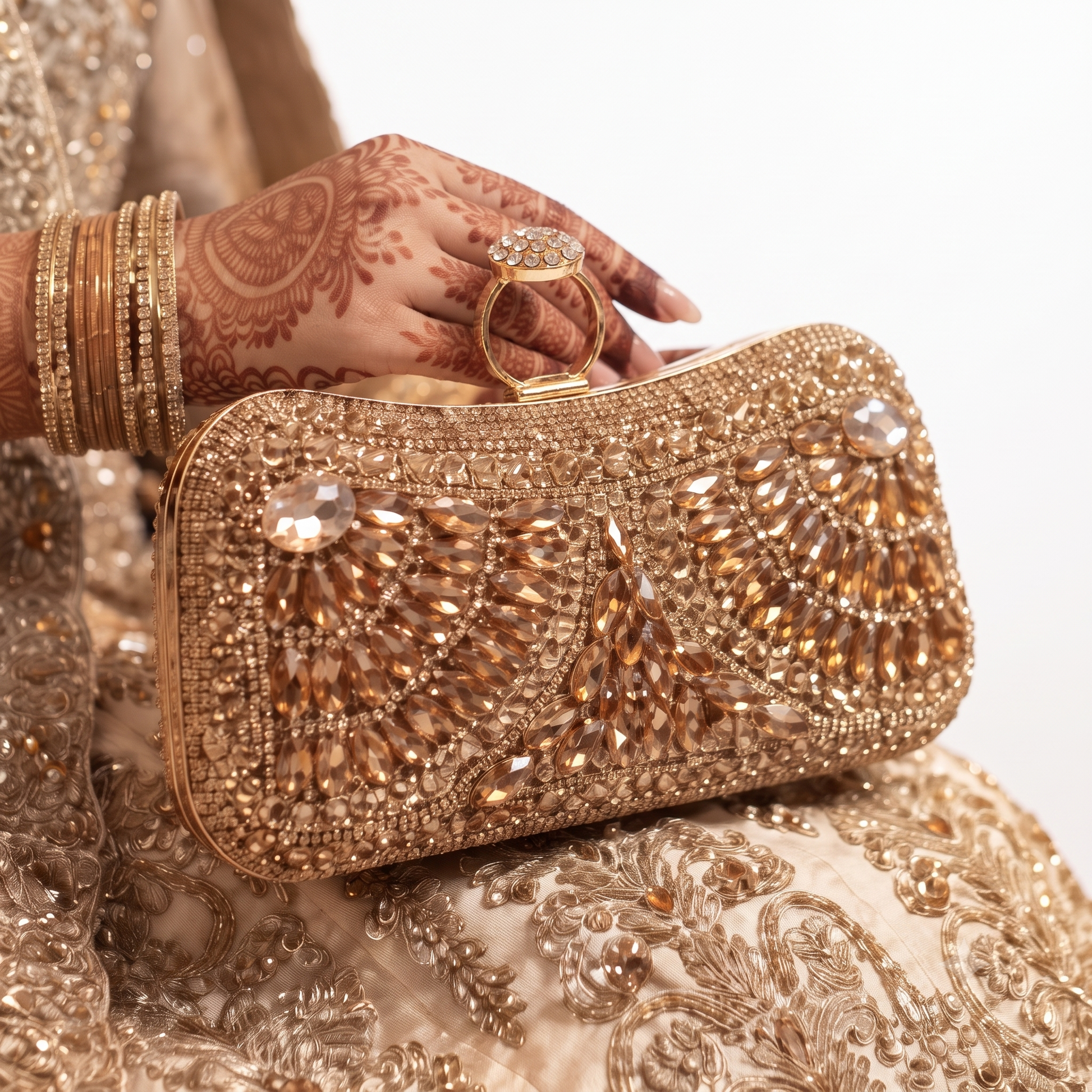 Bride holding Golden Amber Clutch