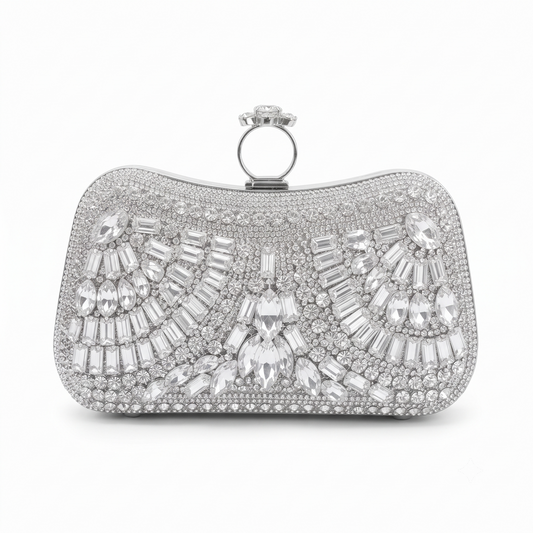 Diamond Silver Crystal Bridal Clutch - front view with crystal embellishment