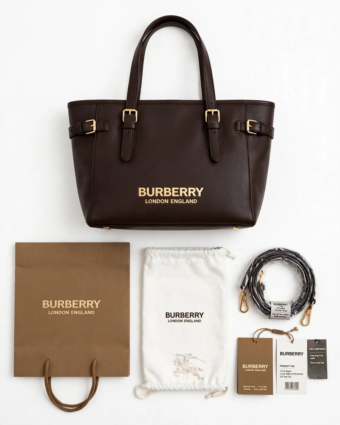 Burberry Banner Tote Bag – Dark Brown, flatlay with full accessories set