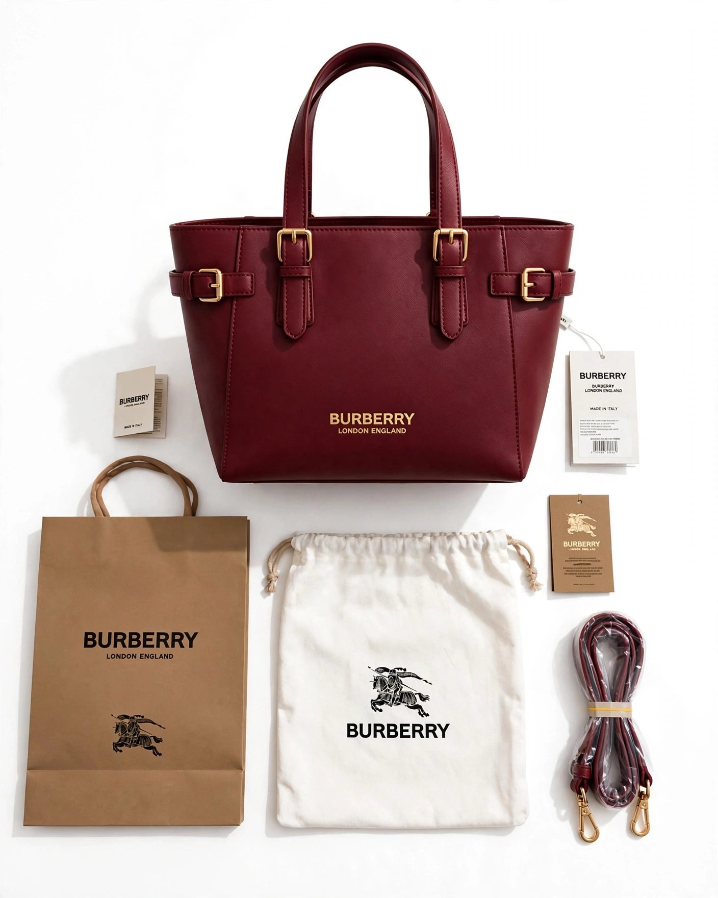 Burberry Banner Tote Bag – Dark Brown, flatlay with accessories
