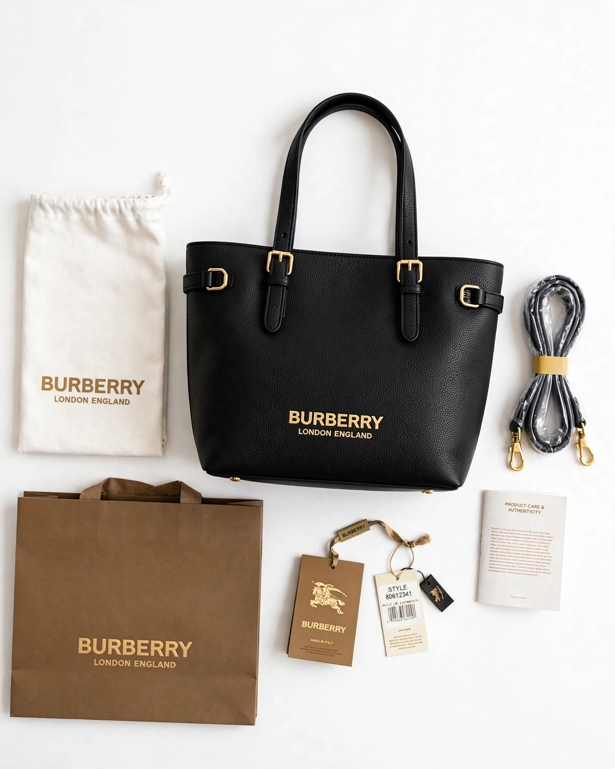Burberry Banner Tote Bag – flatlay with accessories