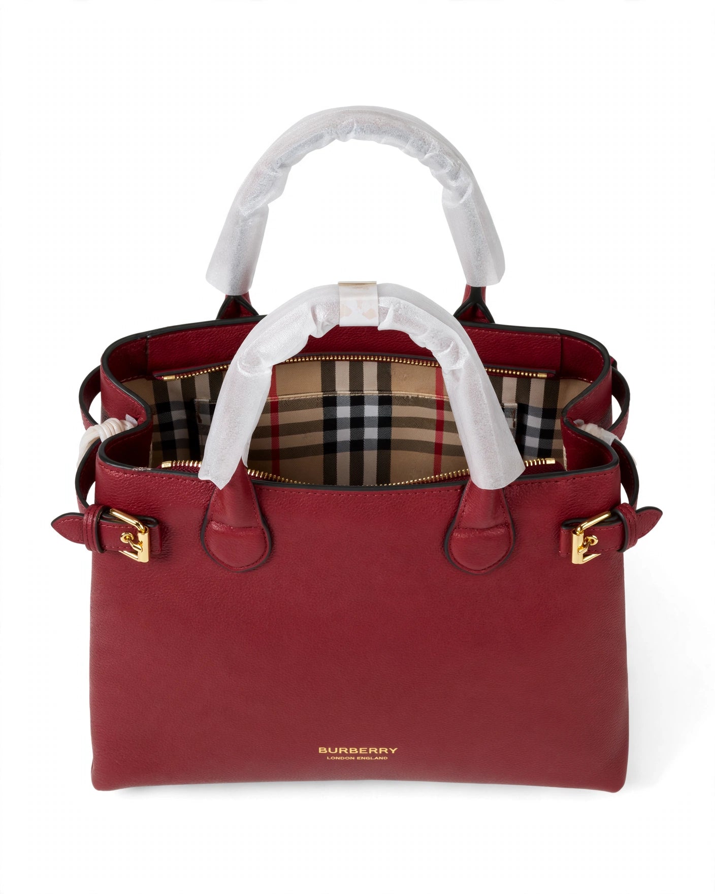 Burberry Banner Tote Bag – Burgundy, open interior with Vintage Check lining